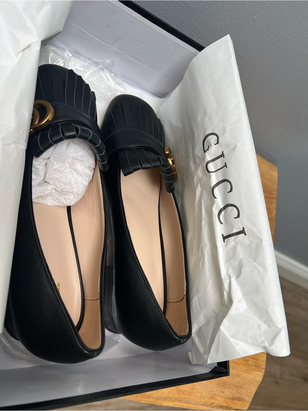 Gucci Marmont fringe loafers black leather horsebit GG logo block heel loafers - Picture 7 of 8